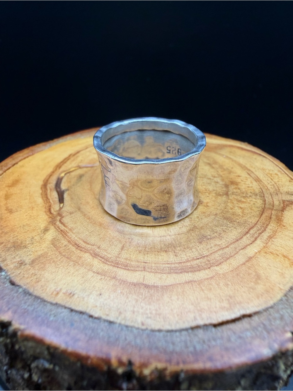 Sterling Silver Hammered Wide Band Ring - Size 7.5 - 8.5g